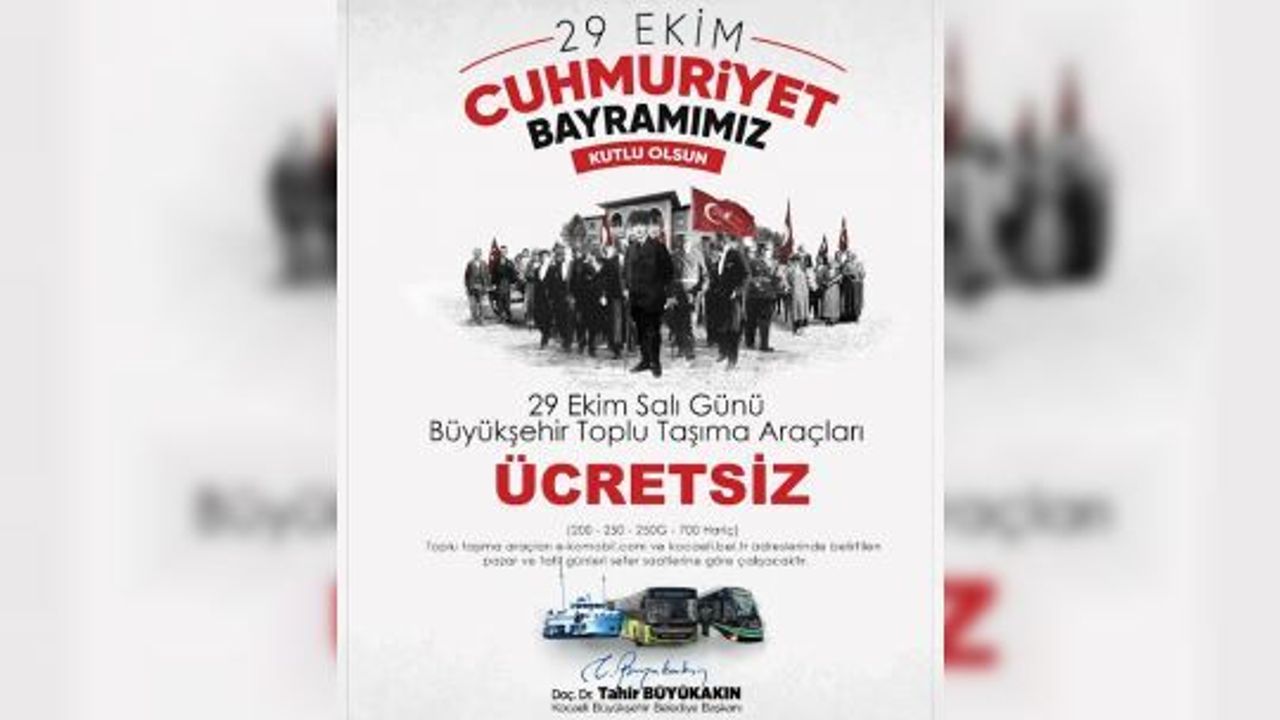 Kocaeli Büyükşehir Belediyesi'nden, 29 Ekim'de Ücretsiz Ulaşım