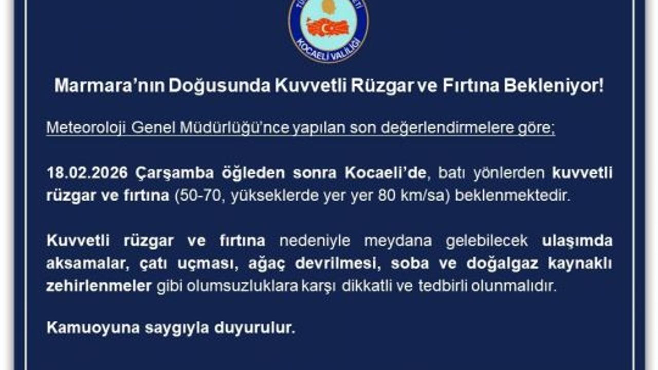 Kocaeli’de Kuvvetli Rüzgar ve Fırtına Uyarısı