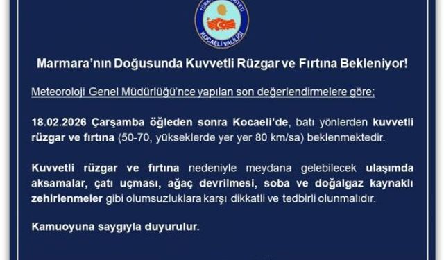Kocaeli’de Kuvvetli Rüzgar ve Fırtına Uyarısı