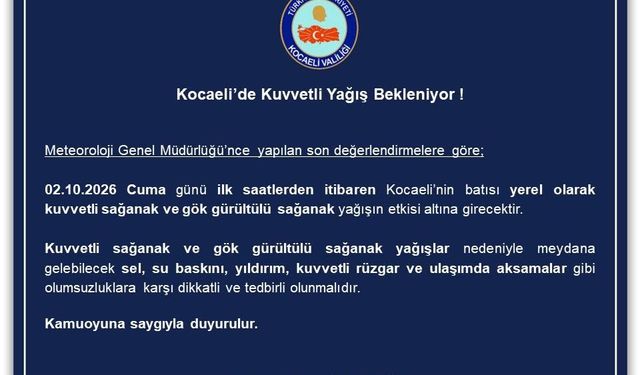 Kocaeli İçin Kuvvetli Yağış Uyarısı