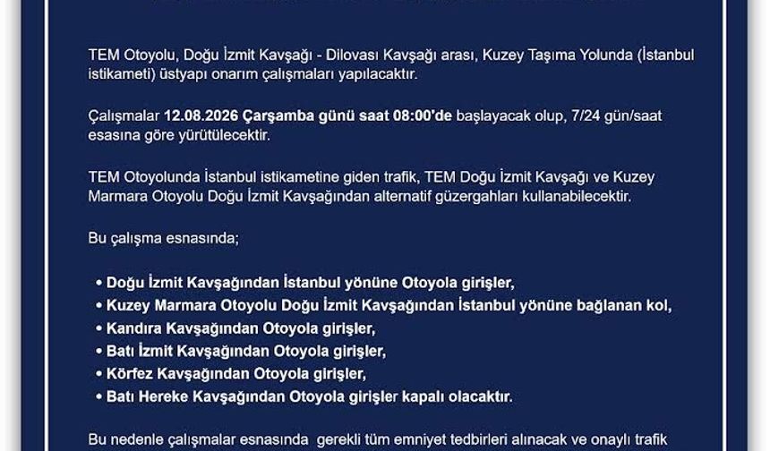 TEM Otoyolu’nda İzmit – Dilovası Arası Onarım Çalışması Başlıyor