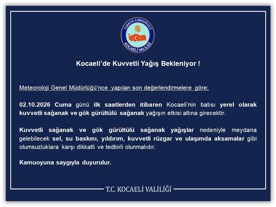 Kocaeli İçin Kuvvetli Yağış Uyarısı